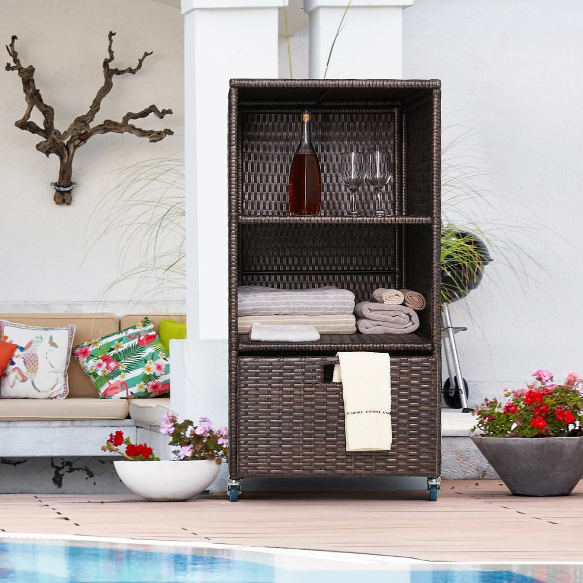 Outdoor Pool Towel Storage Cabinet Organizer Towel Valet Rack with Storage Sh...