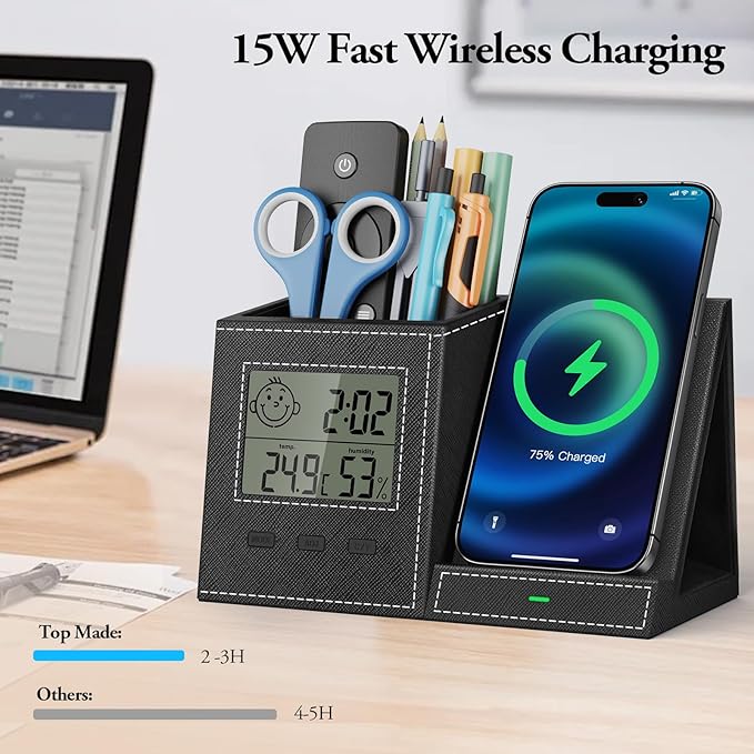 TopMade Wireless Charger with Pen Holder, Leather Desk Nightstand Organizer - Image 4