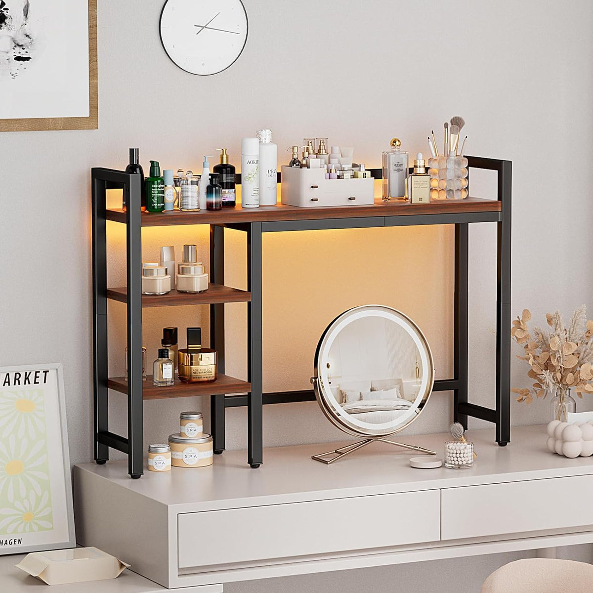 Desk Hutch with Colorful RGB Lights, 4 Tier Desk Top Shelf for Max 28" C...