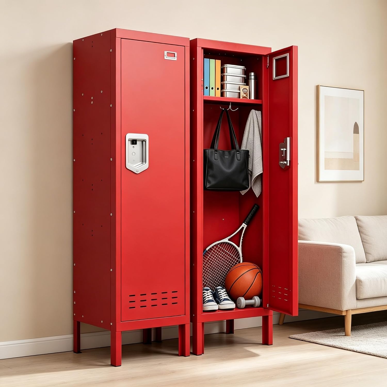 KAER Red Locker 54" H Metal Storage Locker Lockable Kid Sport Locker Employees Steel Locker with Door Shelf Mirror & Hooks for Home School Gym Office