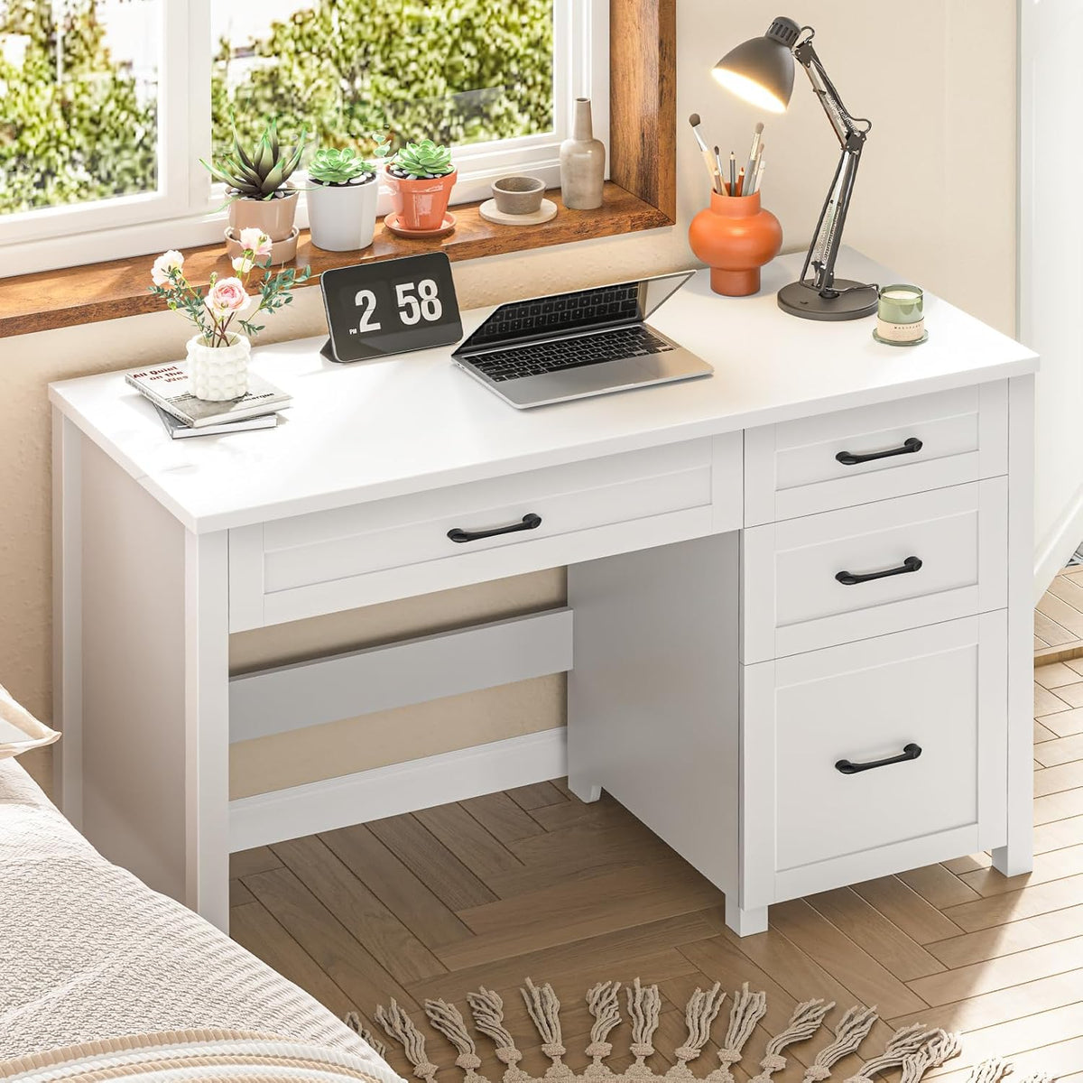 Farmhouse 47" Executive Desk, Computer Desk with File Drawer, Cream White