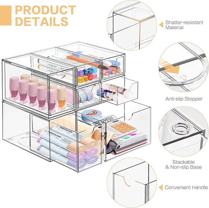 Desk Organizer with 7 Drawers, FODIENS 7 Packs Acrylic Stackable Desktop - Image 5