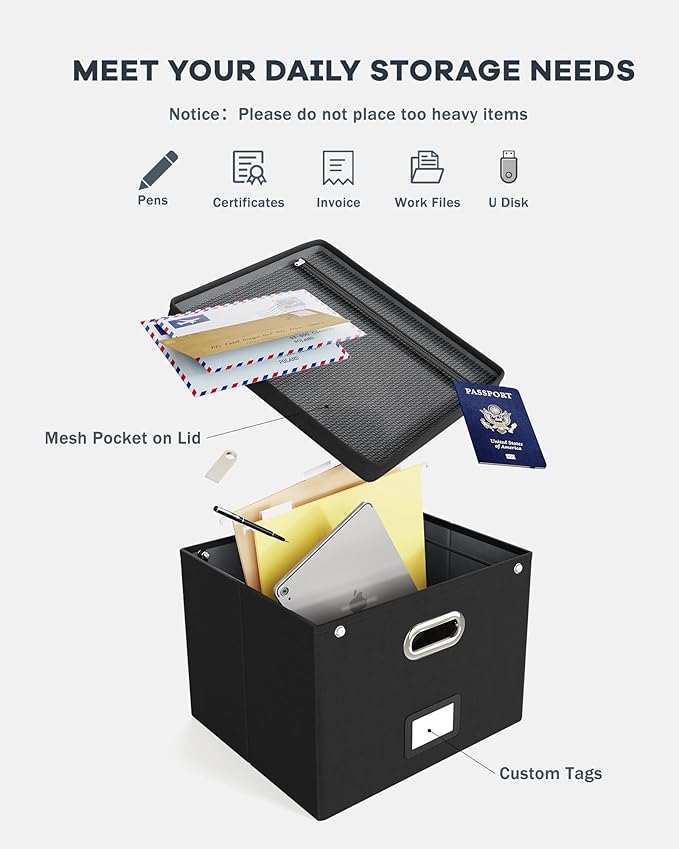 2 Pack File Organizer Box with Lid, Large Hanging Filing Box with Mesh Pocket - Image 5