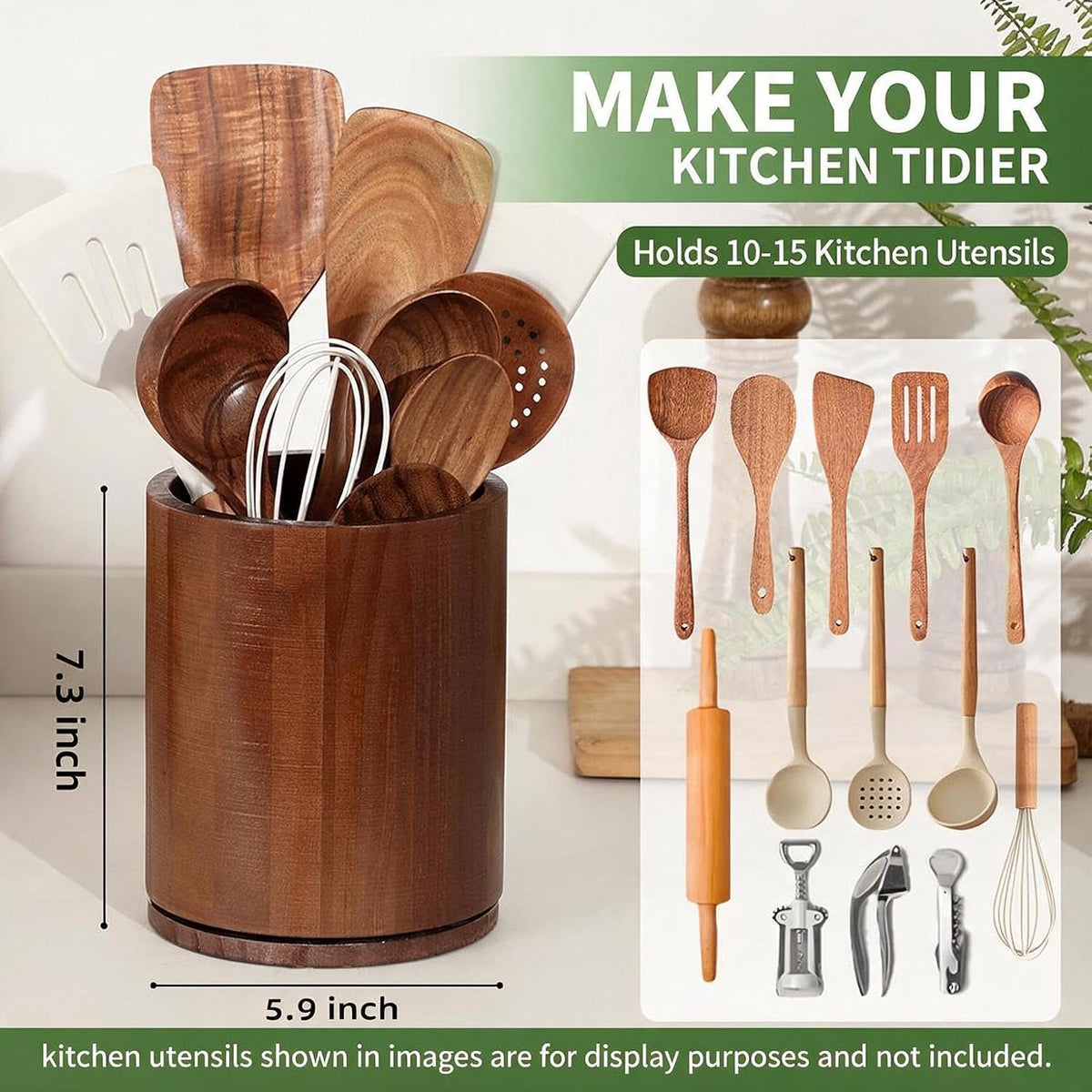 Walnut Utensil Holder, 360° Rotating 7.3 in Kitchen Organizer