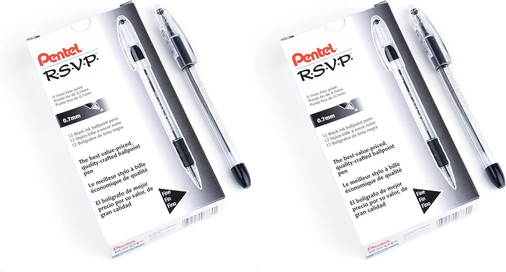 Pentel RSVP Ballpoint Pen, Fine Line, (0.7mm), Black Ink (BK90-A),12 Count (Pack of 2)
