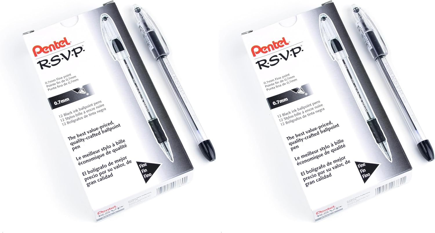 Pentel RSVP Ballpoint Pen, Fine Line, (0.7mm), Black Ink (BK90-A),12 Count (Pack of 2)