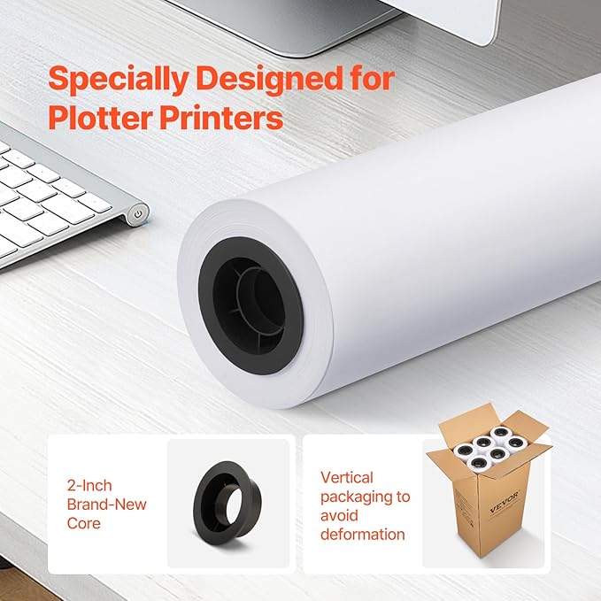 VEVOR 24 in x 150 ft Plotter Paper, 6 Rolls, 20 LB Bond, Architectural D/E - Image 2