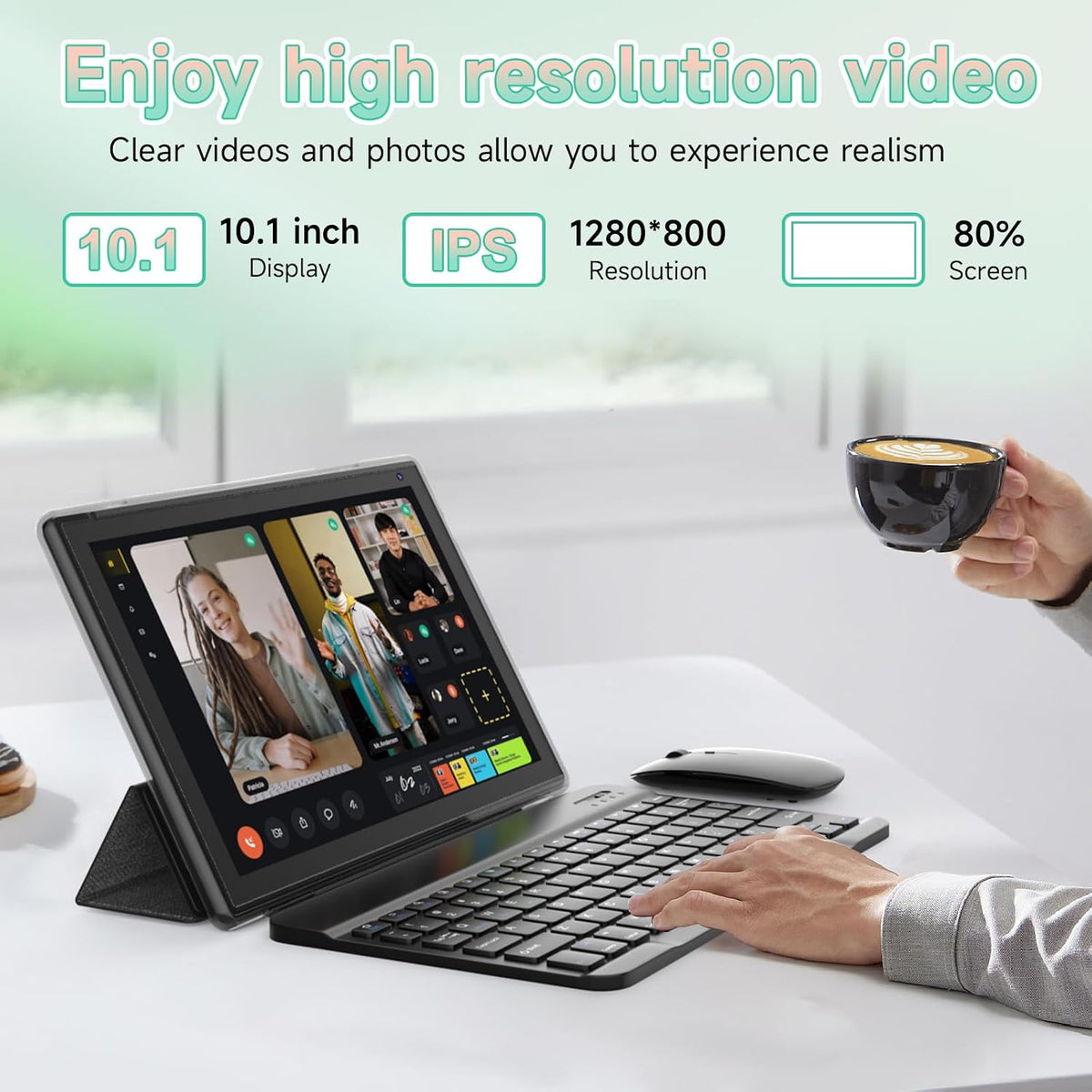 Android 15 Tablet 10 inch, 2 in 1 Tablets with Keyboard Case Mouse Stylus, 8G...