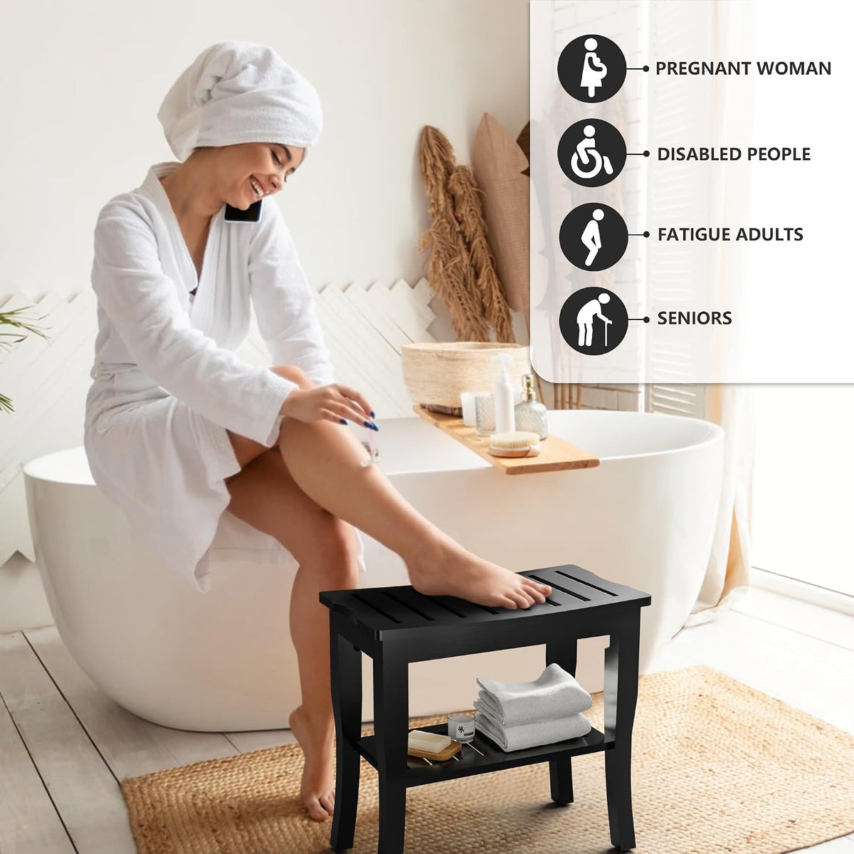 Domax Bamboo Shower Bench & Stool Waterproof - Wood Shower Bench with Sto...