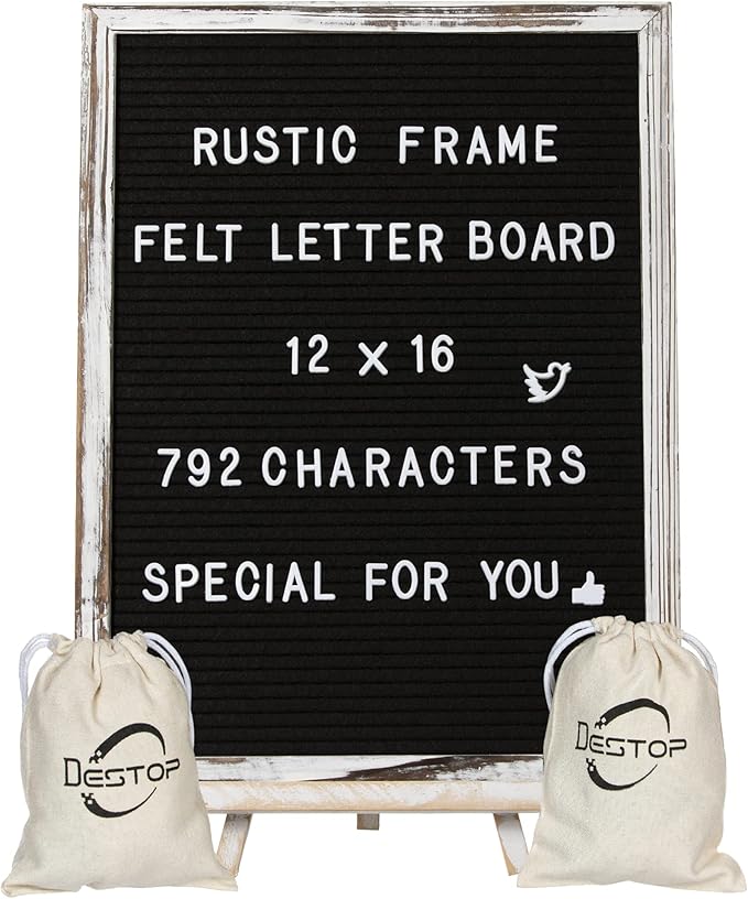 Felt Letter Board with Rustic Vintage Frame and Stand 12x16 inch, Numbers and by Destop