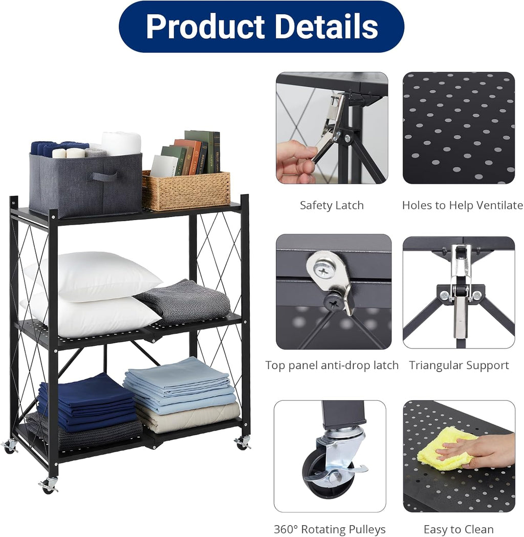 3 tier foldable storage shelves with wheels, metal, view 9