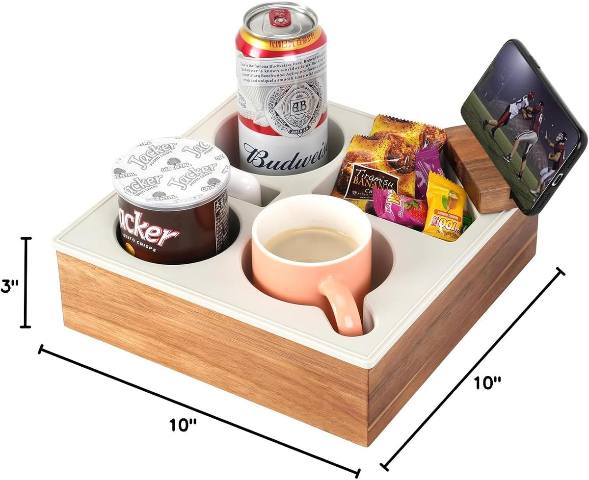 Couch Cup Holder Tray, Handy Soft Silicone Acacia Wooden Couch Caddy for Bed ...