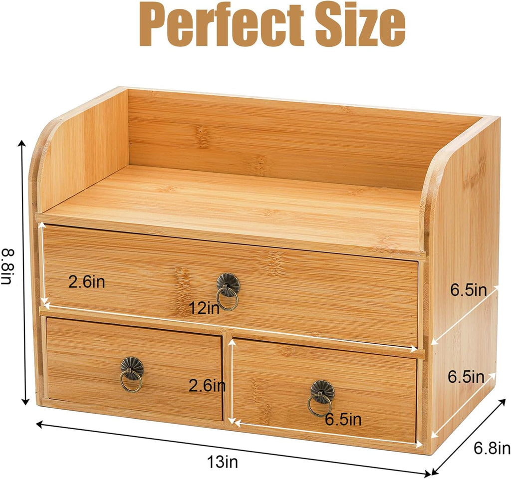 nicunom bamboo desk organizer, 3-tier bamboo tabletop storage, close-up detail