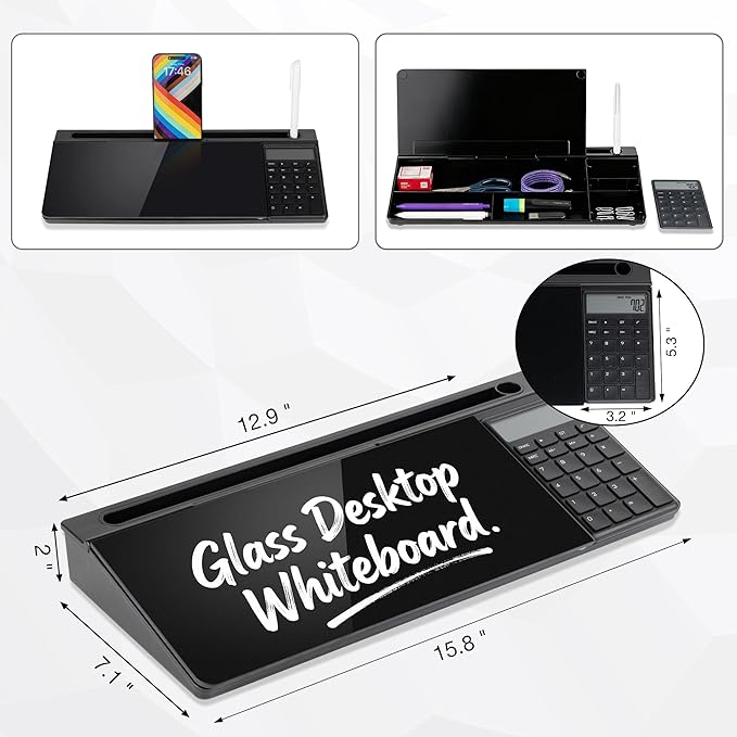 Glass Desktop Whiteboard with Calculator & Storage, Desk Dry Erase Note Memo - Image 2