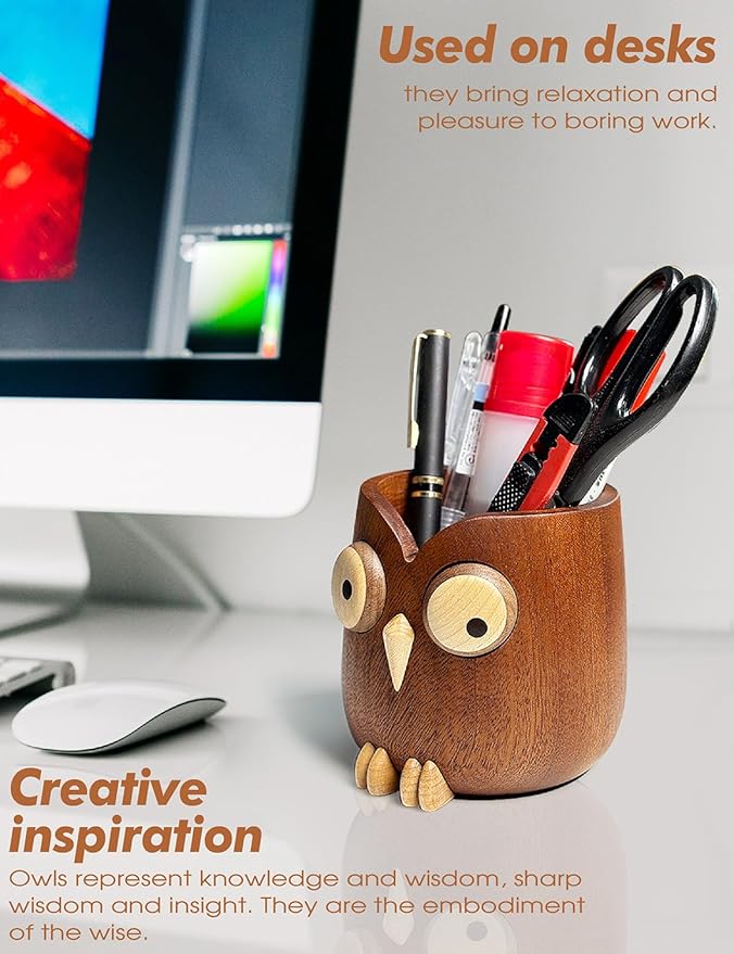 WODTILIFE Cute Owl Pen Holder for desk, funny wooden pencil holder - Image 3