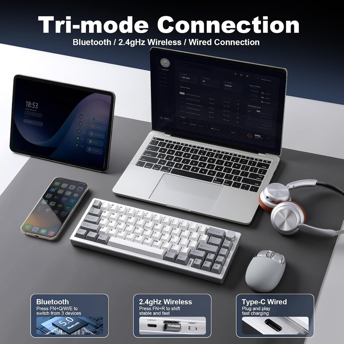 YUNZII AL68 Aluminum Wireless Mechanical Keyboard(Silver, Gateron Zero)