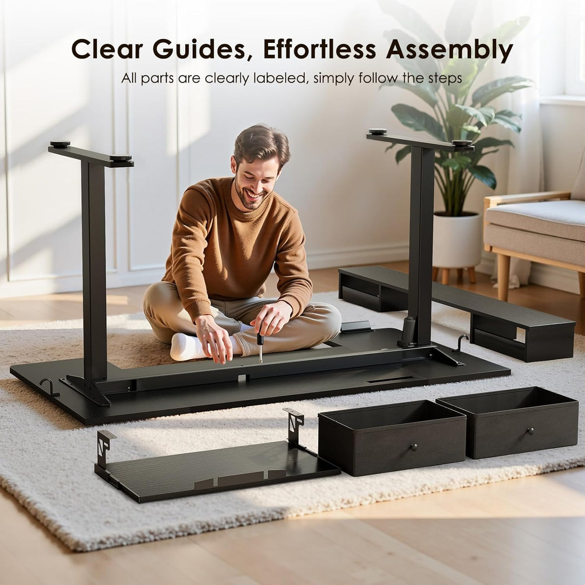 OffiGo 55 Inch U Shape Standing Desk with Keyboard Tray & Drawers, Black