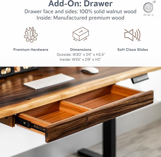 Standing Desk with Drawer – Walnut Solid Wood Desk, Natural Live Edge, - Image 6