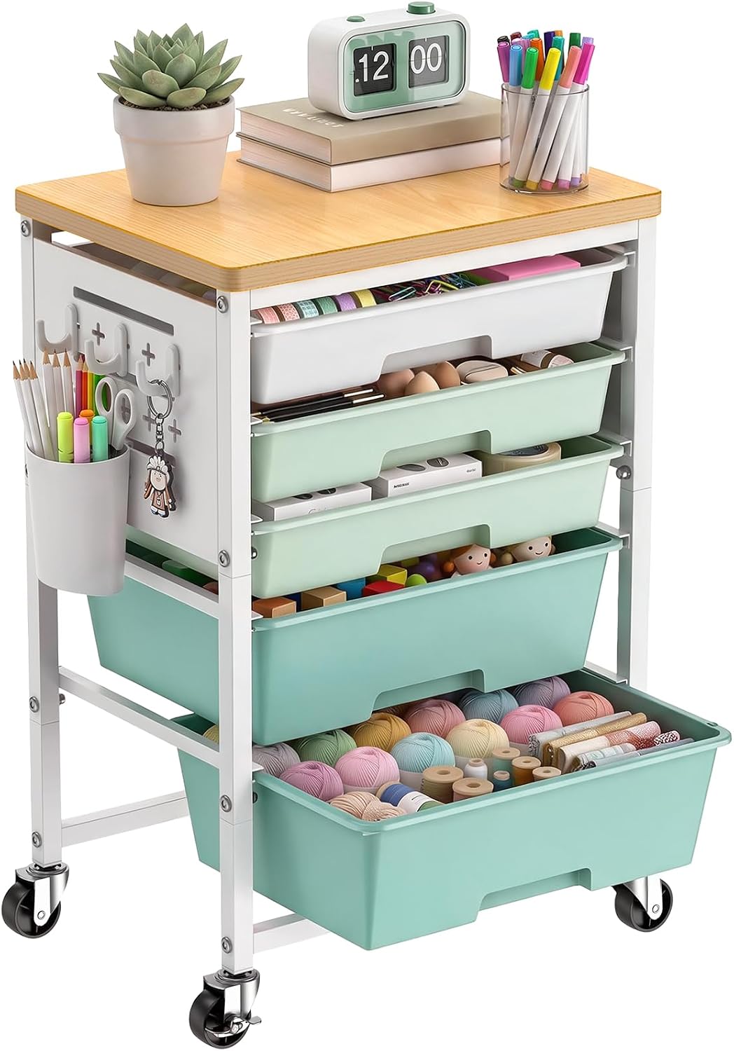 ALVOROG Rolling Storage Cart with 5 Drawers,Pegboards,Wooden Top,Bins,Green