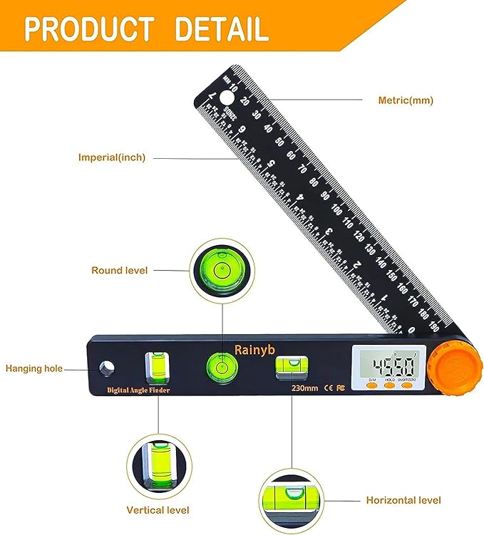 Rainyb Digital Angle Finder Tool 7inch 0-360 degree LCD Digital Protractor - Image 2