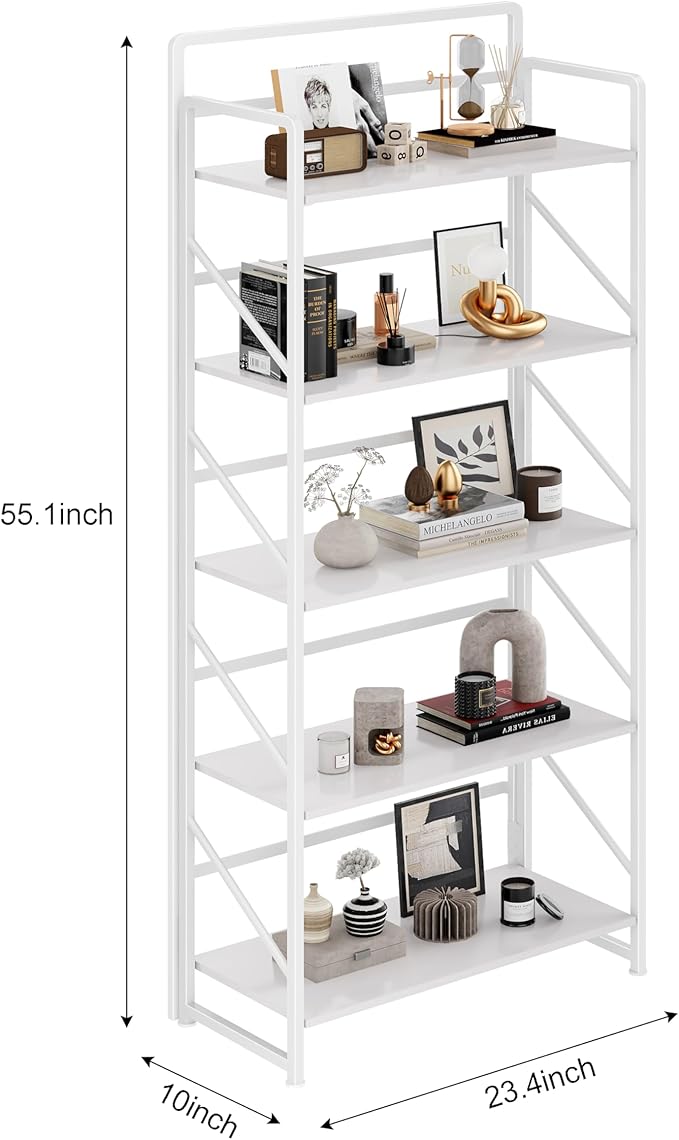 JSB No Assembly Folding Bookshelf, 5 Tier Industrial Metal Book Shelf - Image 3