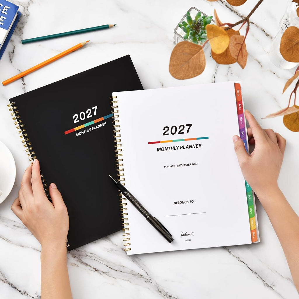 Indeme 2027 Planner - 2027 Monthly Planner, Monthly Calendar 2027 | 9" x 11", Jan 2027 - Dec 2027, Large, Twin-wire Binding, 12 Months Tabs, Holidays, Two-Sided Pocket, Thick Paper