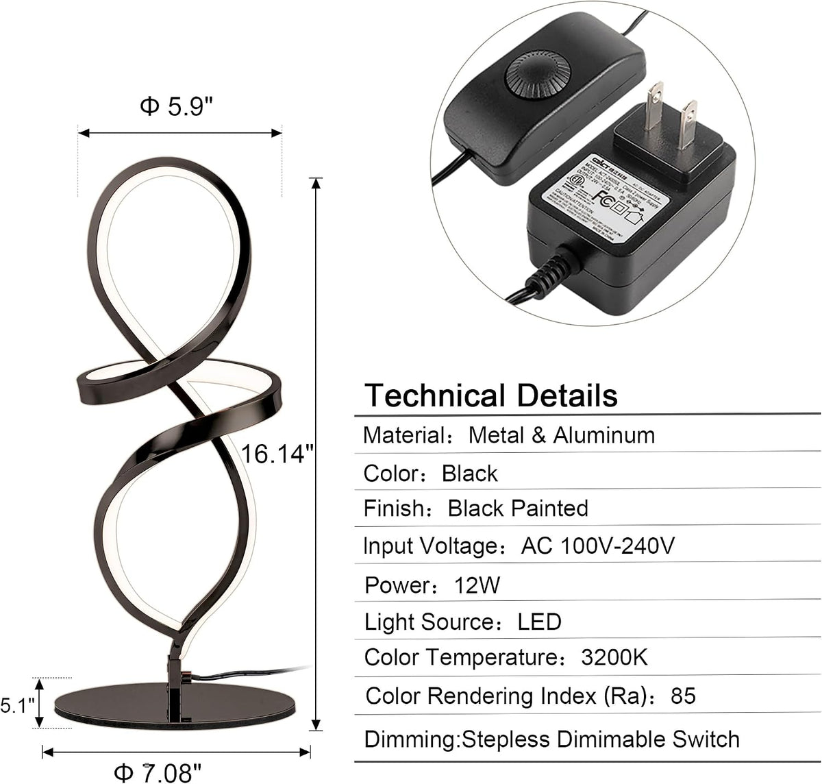 Modern Small Table Lamp with LED Spiral Design, 12W Black Nightstand Lamp