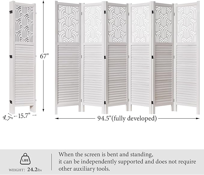 Svimi Folding Room Divider, 66.9 Inch 6 Panels Wood Carved Privacy Screens - Image 6