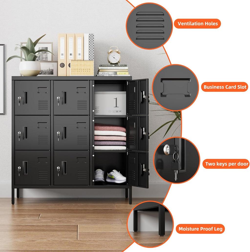 9-Door Metal Employee Locker with Keyed Locks and Raised Feet | 9 keyed compartments with name-card slots, ventilation and raised feet; 35.51"W x 15.79"D x 37.8"H. Assembly required.
