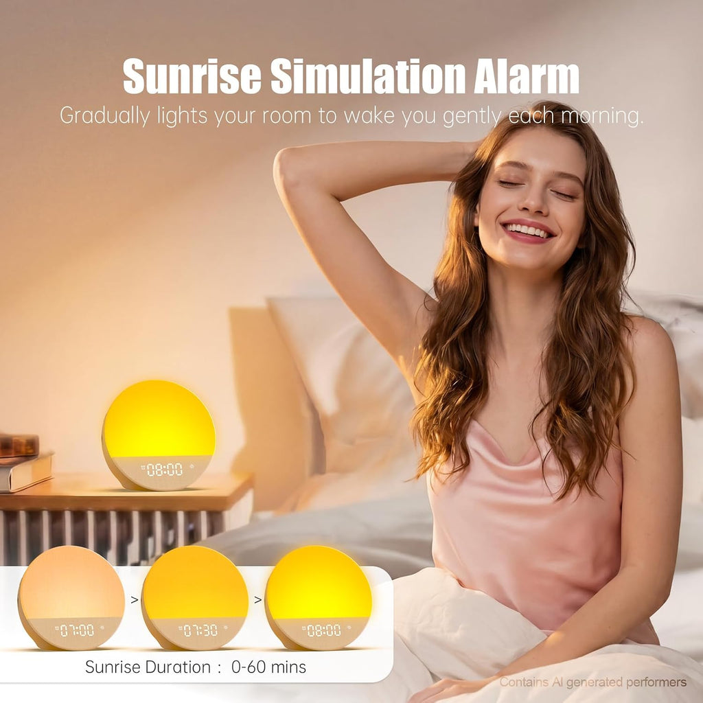 alarm clock sound machine sleeping, sunrise digital alarm shown in use