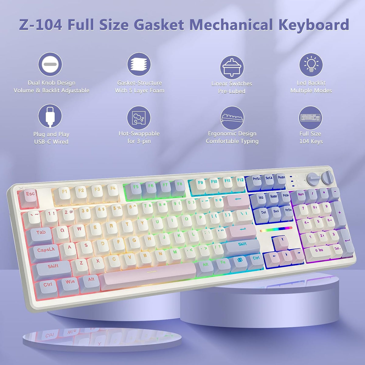 E-YOOSO Creamy Mechanical Gaming Keyboard Wired, Full Size, White Pink