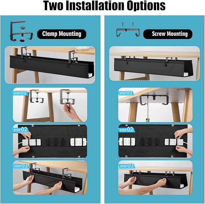 Oxford Cloth Under Desk Cable Management Tray, No-Drill 48" Desk Cable - Image 3