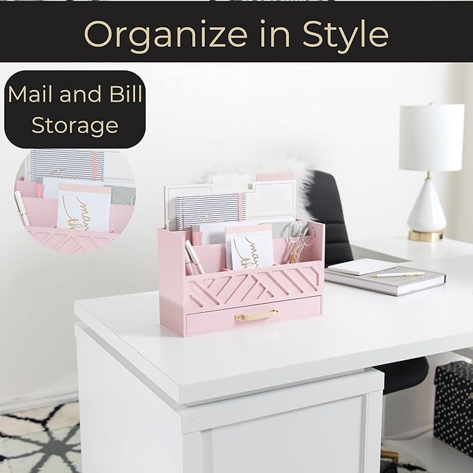 BLU MONACO Pink Wooden Desk Organizer - Image 2