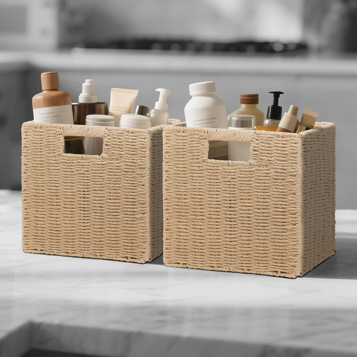 Wicker Storage Baskets for Organizing, 3 Pack Rustic Foldable Square Basket f...