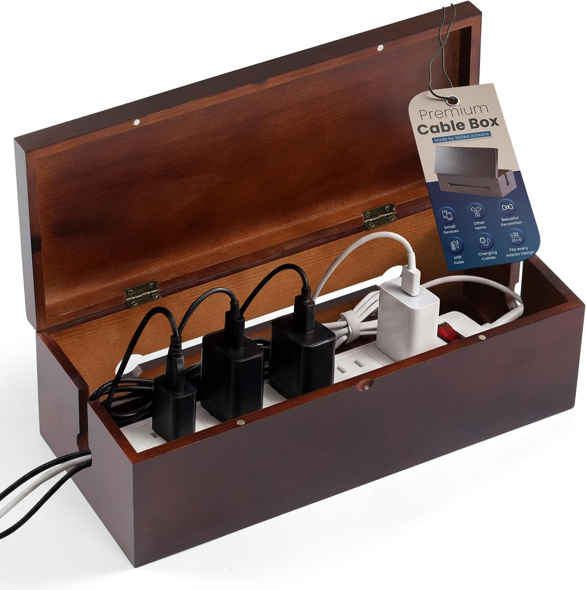 Solid Wood Cable Management Box - Large Cord Management Box Organizer; Cord H...