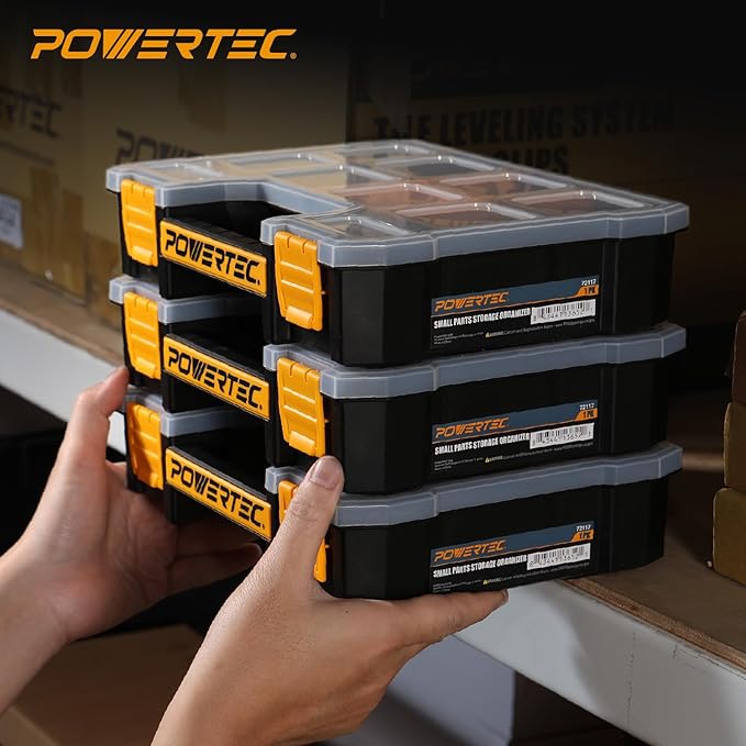 POWERTEC Small Parts Organizer & Tool Box – 10 Compartments, Stackable Storage - Image 7