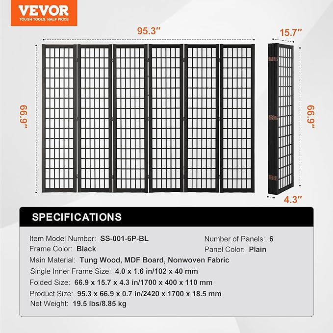 VEVOR Room Divider, 6 Panel Japanese Room Divider, Folding Privacy Screen Indoor - Image 8