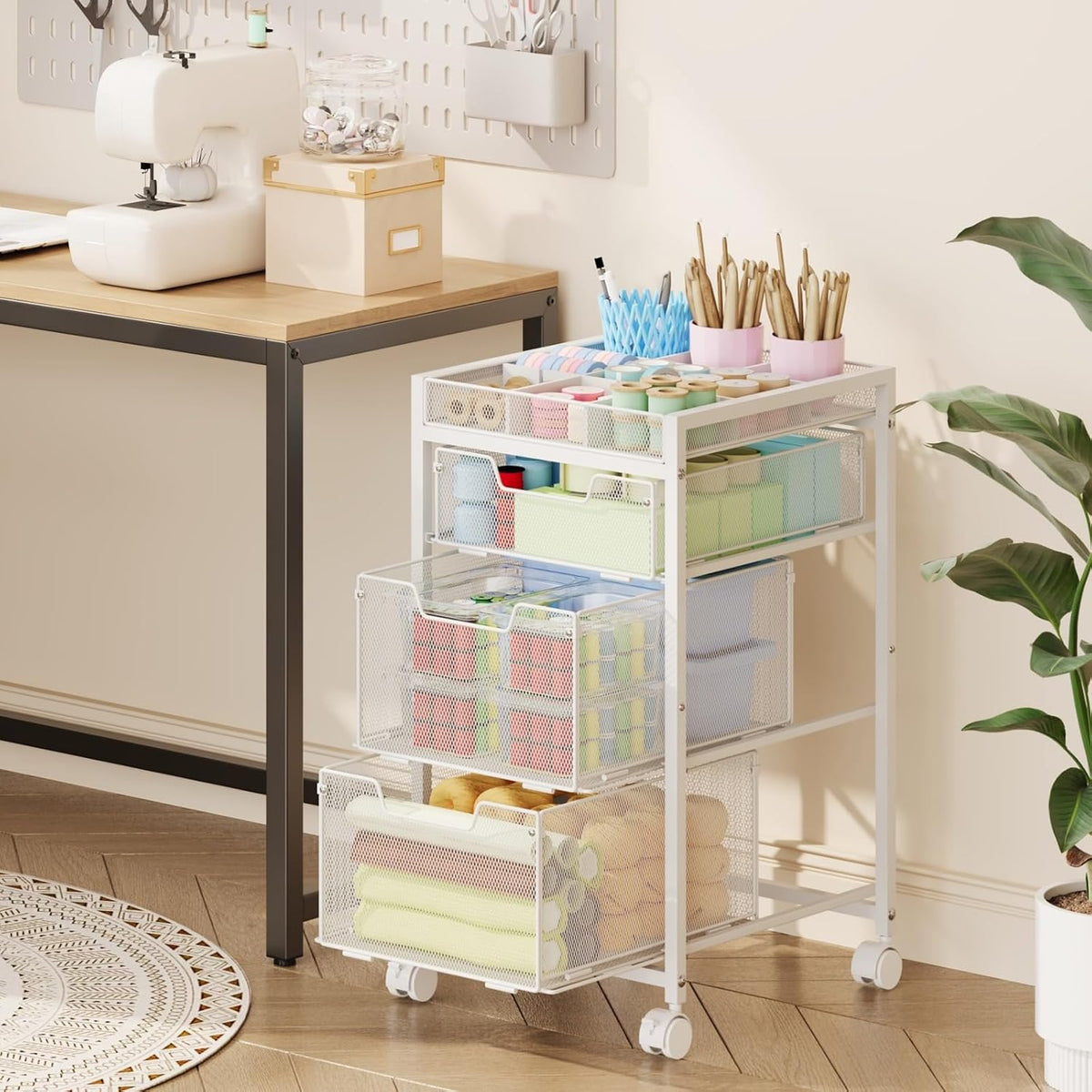 Rolling Utility Cart with 3 Drawers, Craft Organizer and Storage with DIY Div...