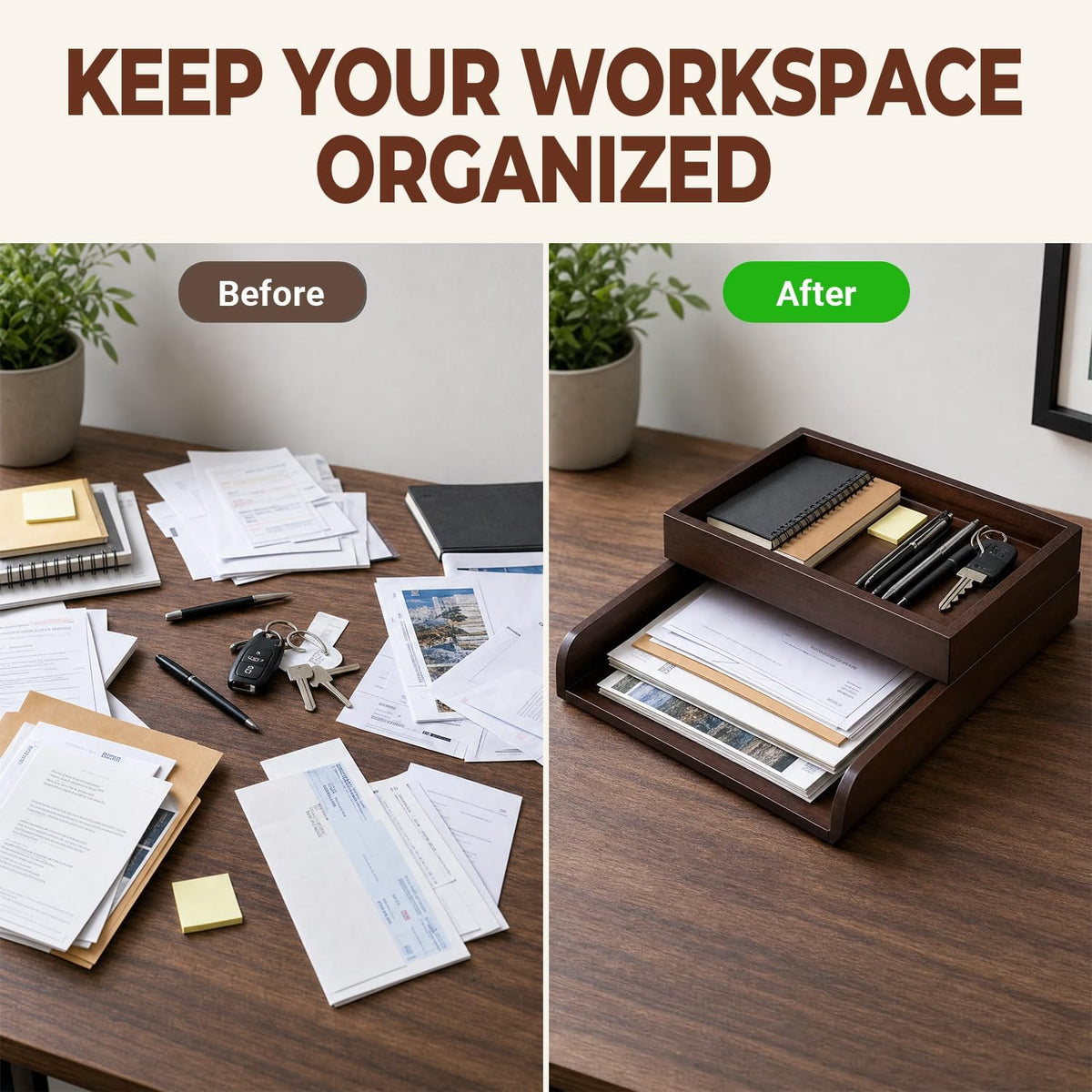 Wood 2-Tier Letter Tray, Stackable Detachable Paper Tray Desk Organizer