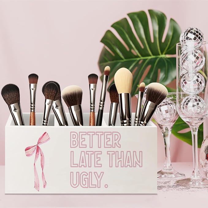 URLLUAE Better Late Than Ugly Funny Pink Makeup Brush Toothbrush Holder - Image 2