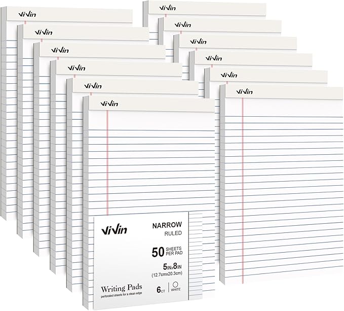 ViVin 5 x 8 Inch Legal Pads, 12 Pack, Narrow Ruled, 50 Sheets Per Writing Pad by ViVin