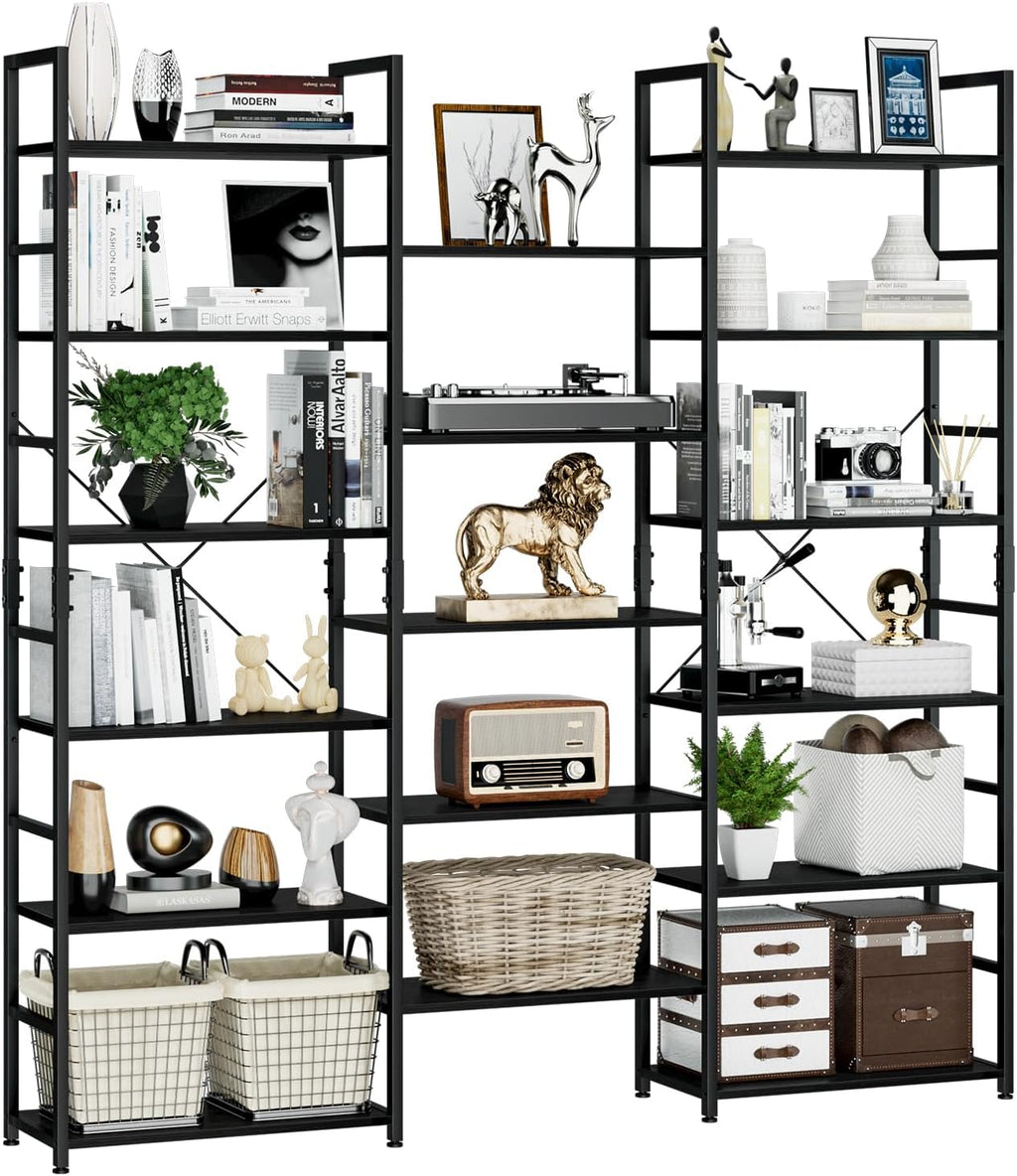 NUMENN Triple Wide 6 Tier Bookshelf, Rustic Industrial Style Bookcases and