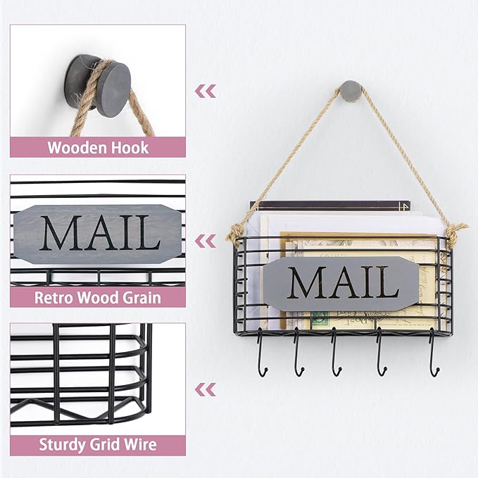 SRIWATANA Mail Holder Wall Mount, Mail Organizer Key Holder - Image 3