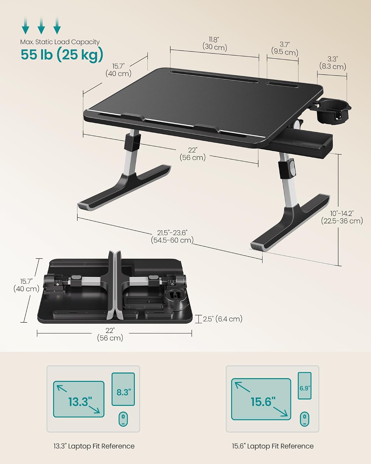 SONGMICS Bed Laptop Desk, Foldable, Adjustable Height, 15.7 x 22 Inches