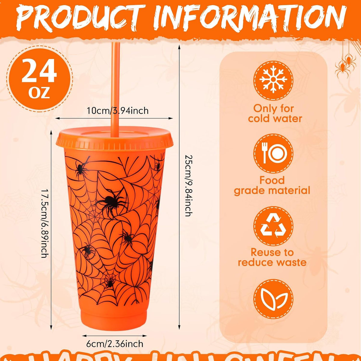 Funnymoom 24 Pcs Orange Halloween Spiderweb Plastic Cups Bulk, 24 oz