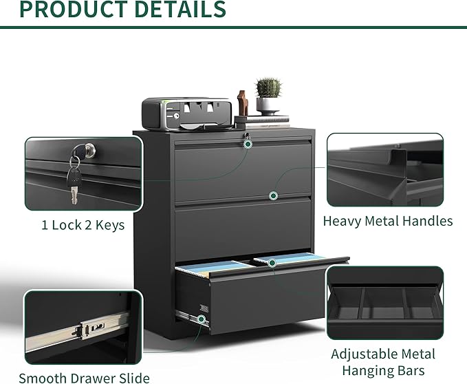Yukimo 3 Drawer Lateral File Cabinet, File Cabinets - Image 4