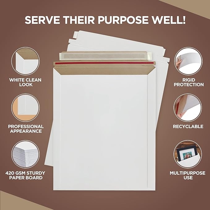 100 Pack 9x11.5 Inches Rigid Mailers – Self Adhesive White Cardboard Envelopes - Image 3