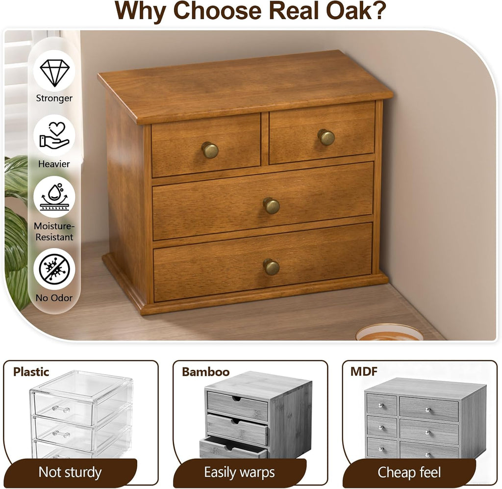 oak desk organizer with drawers, durable wooden desktop, close-up detail