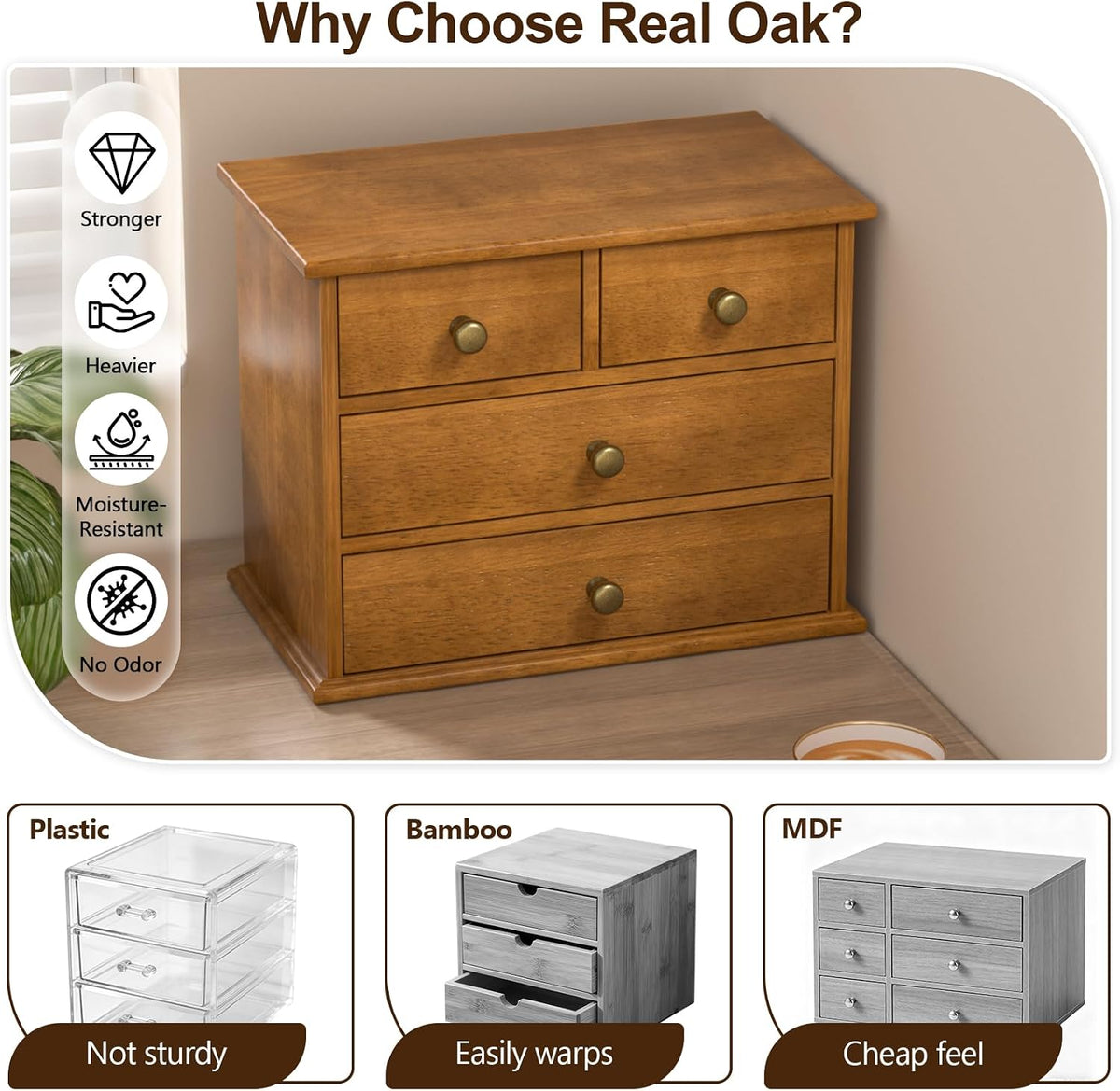 oak desk organizer with drawers, durable wooden desktop, close-up detail