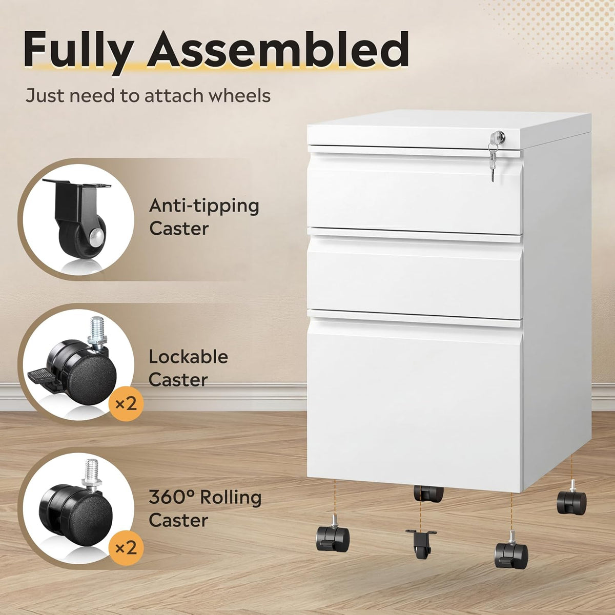 devaise 3 drawer mobile file cabinet, fully assembled, side view